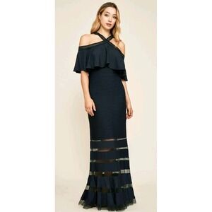 TADASHI SHOJI NAVY BLUE CRYSTAL PINTUCK JERSEY HALTER FORMAL GOWN XL